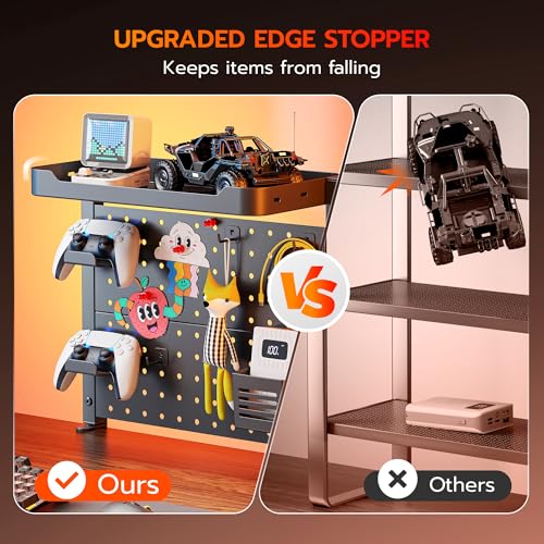 Image of ARES WING Desk Clamp On Pegboard with 16 inches Organizer Shelf, Adjustable Above or Under Desk Storage Shelf Holds 44 lbs, Magnetic Metal Peg Board for Office and Gaming Accessories, Black