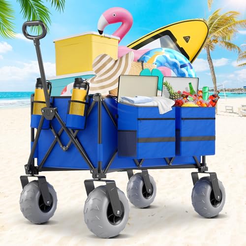 Beach Wagon with Big Wheels for Sand, 350lbs Heavy Duty Folding Wagon, Oversized 180L, 9' PVC All-Terrain Wheels, Adjustable Handle, Cooler & Storage Bags for Beach, Camping, Garden & Outdoor Sports