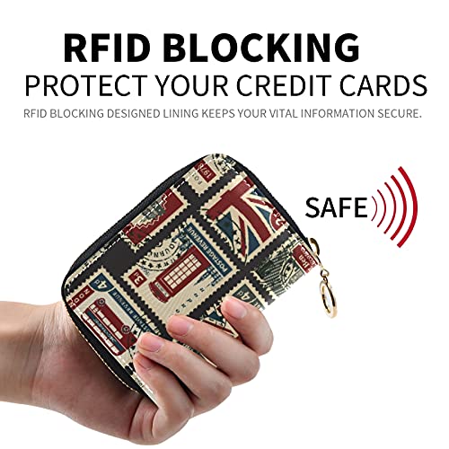 Oyihfvs Union Jack, Parliament, Big Ben and London Retro Stamps Credit Card Coin wallet, RFID Blocking Compact Women Leather Holder, Zipper Purse Clutch Pouch Pocket, Multicolor, 4.7x3.1x0.8 Inch2