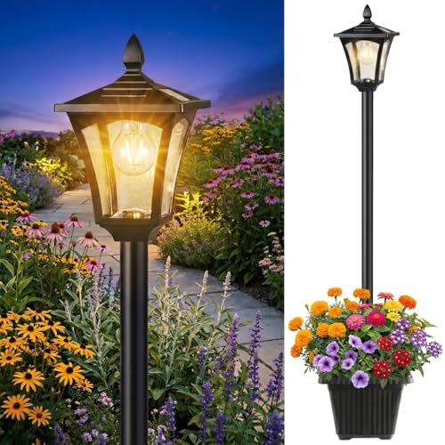 Benany 76' Solar Lamp Post Lights with Planter, Glass & Metal Street Light Outdoor Waterproof, 60 Lumens Dusk to Dawn Solar Pole Light for Garden, Yard, Driveway, Porch, Patio, Warm White