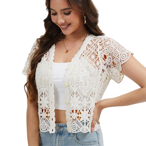 Image of Women's Short Sleeve Bolero Shrugs Crochet Lace Open Cardigan