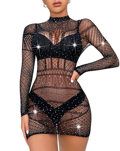 Mingnos Sexy Glitzer Mesh Kleid Damen Langarm Netzkleid Erotische Kleider Fischnetz Bodycon Minikleid Durchsichtige Dessous Partykleid Netz Tops...