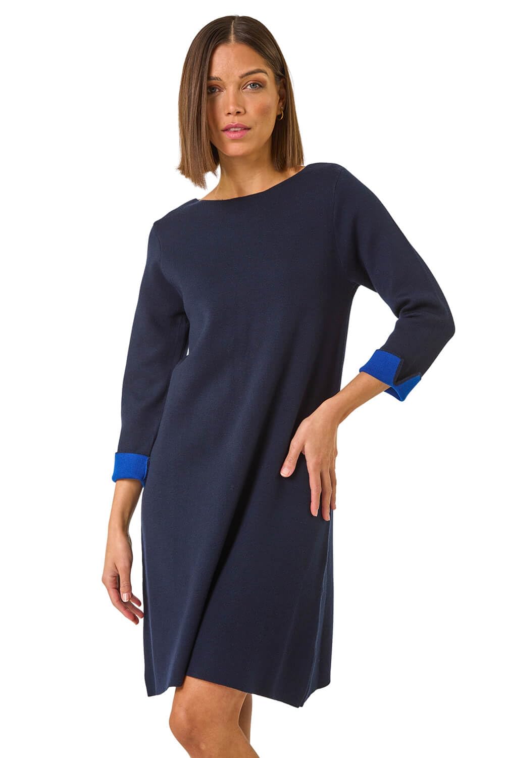 Roman Originals Women's Blue Contrast Sleeve Knitted Shift Dress For Uk - Everyday Autumn Winter Round Neckline Comfy Soft Evening Vacation Work Party Night Out - Navy - Size 18