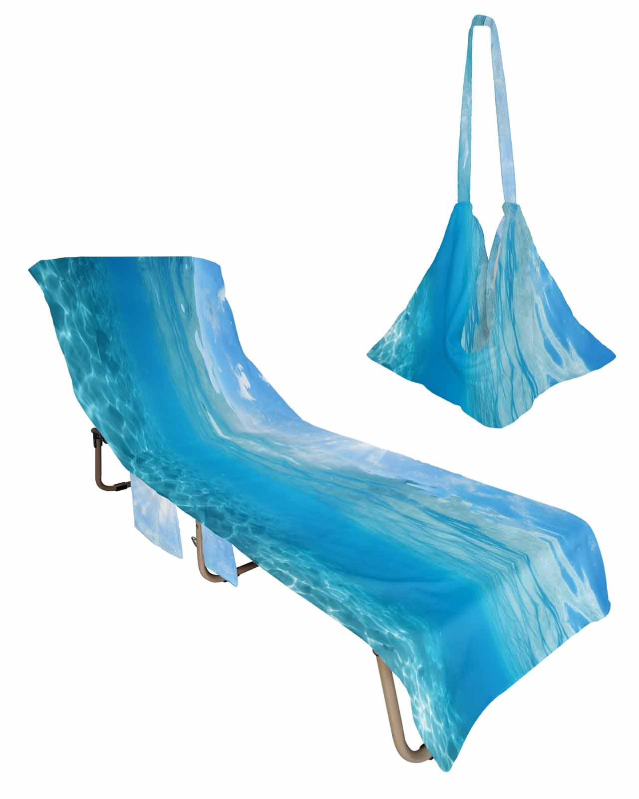 Blue Ocean Seawater Beach Chair Towel Covers for Chaise Lounge with Side Pocket, Soft Plush Pool Towels Cover for Patio Sunbathing Outdoor Underwater Solid Pure Color Summer Sea 29''x85''
