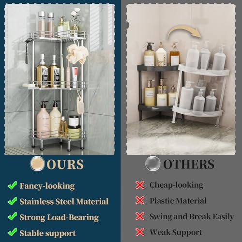 Image of Consumest Corner Shower Caddy Standing - 3-Tier Stainless Steel Shower Organizer with Soap Holder and 4 Hooks, Large Capacity Corner Shelf Stand for Bathroom, Rest Room, Silver