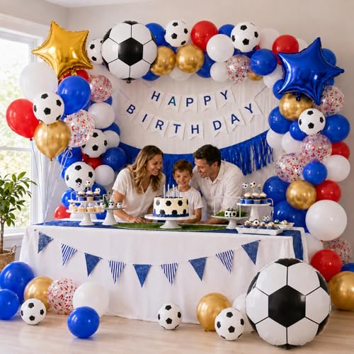 Image of Soccer Balloons, Red Gold Blue Balloons, Soccer Sports Theme Party Balloons