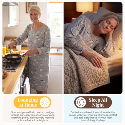 Image of American Trends Nightgowns for Women Long Sleeve Cotton Blend Sleepwear, Knee Length Night Gowns Sleepshirts House Lounge