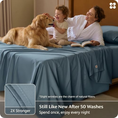 Image of Bedsure PureWoven 100% Giza Egyptian Cotton Queen Sheet, CEA & BV Certified | 18 inch Deep Pocket Sateen Sheet with Corner Straps, Durable & All-Season Breathable, Hotel Luxury, Oeko-Tex, Giftable,Dusty Blue