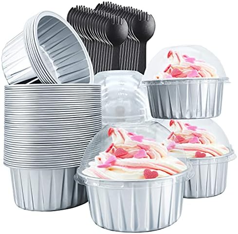 Cupcake Liners with Dome Lids 50 Pack,Free-Air 5oz Aluminum Foil Baking Cups Muffin Tin,Souffle Dessert Pudding Ramekin Holders for Individual Bakery Wedding Birthday Party,with 50 Spoons-Silver