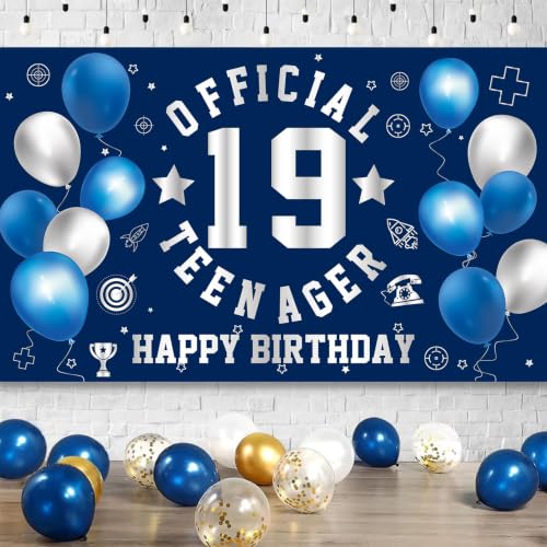 Image of Happy 19th Birthday Banner Backdrop 19th Birthday Decorations for Boy | Large Official Teenager 19th Backdrop 19 Year Old HBD Party Decorations Supplies, Navy Blue Silver