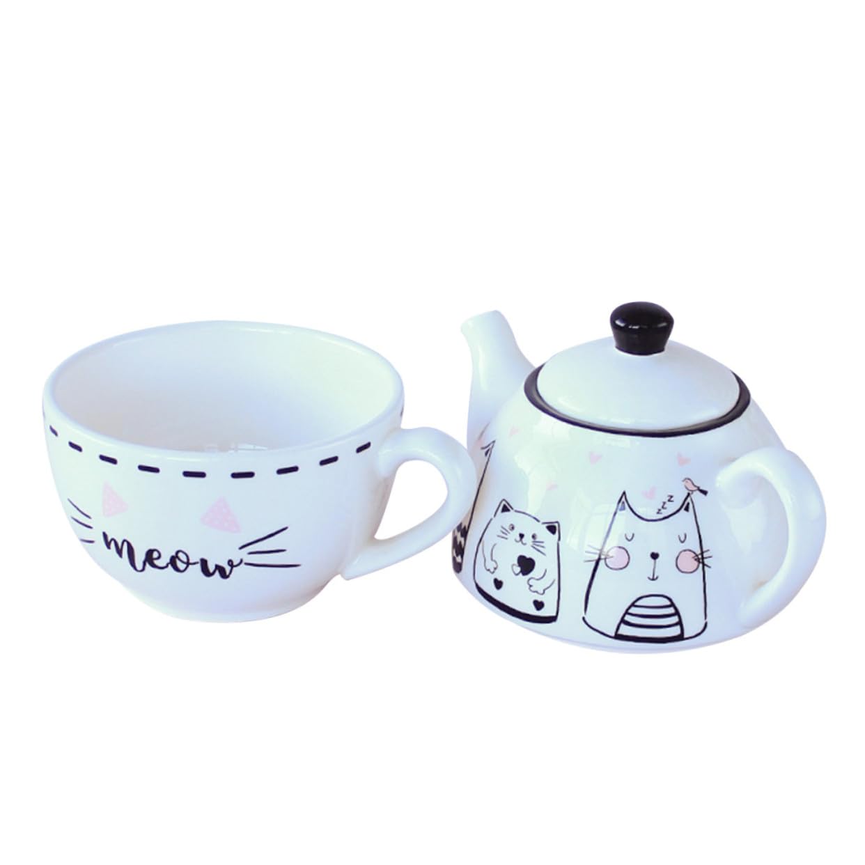 Service à Thé et Tasse en Céramique Motif Chat Blanc, 1 Set