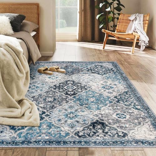 KILOCOCO 4x6 Moroccan Super Soft Area Rug, Vintage Floral Washable Living Room Rug, Print Faux Wool Indoor Non-Slip Accent Entryway Rug for Laundry Playroom Office, Blue/Multi