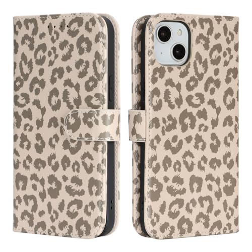 Image of for iPhone 14 Case Wallet with Card Holder,for iPhone 13 Wallet Case for Women Men,PU Leather Shockproof Magnetic Buckle Stand Flip Phone Case-Beige Leopard