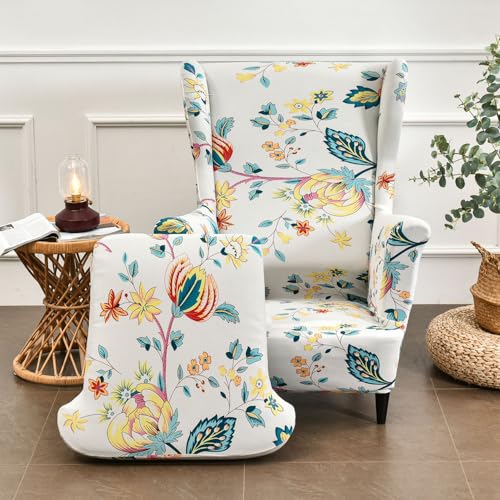 Chickwin Stretch Wingback Chair Slipcover, Plants Flowers Living Room Chair Covers Furniture Protector, Spandex Wing Back Chair Covers with Arms (Yellow Flower)
