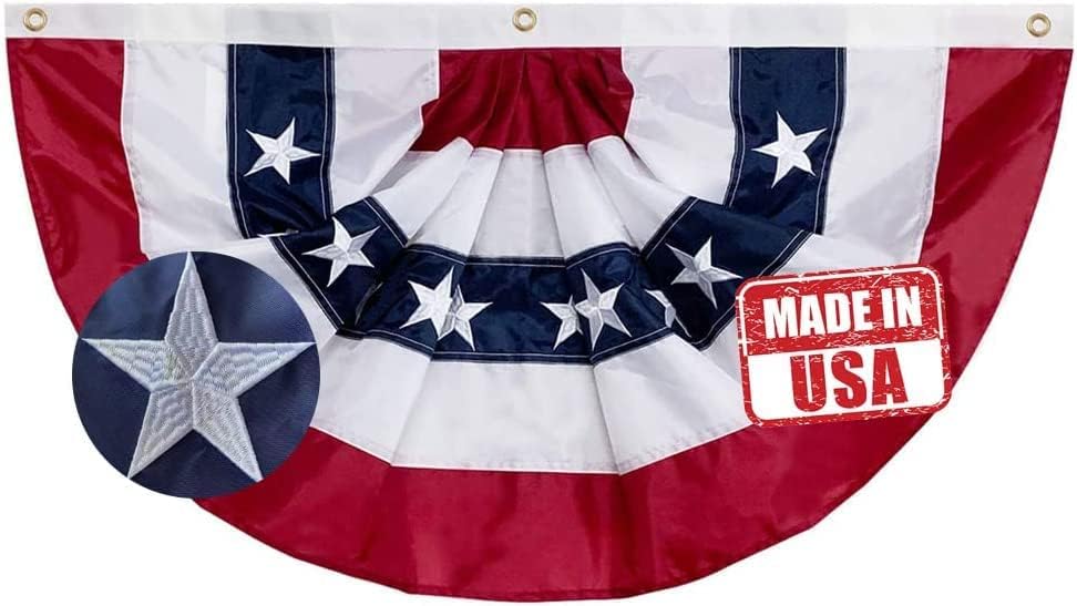US Bunting Flag 2x4 FT Outdoor- Embroidered Stars USA American Pleated Fan Flags Canvas Header with 3 Brass Grommets Easy to Rising