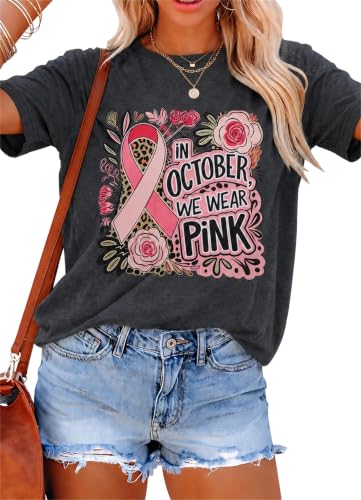 Image of Breast Cancer Shirts for Women Pink Ribbon Shirt Breast Cancer Survivor Tee | Pink Breast Cancer Shirt In October We Wear Pink Tee Breast Cancer Awareness Shirts Halloween Ghost Graphic Short Sleeve Top