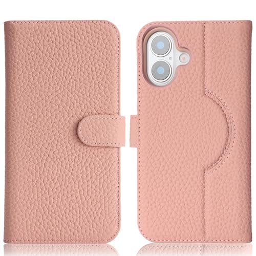 Image of Detachable Genuine Leather Case for iPhone 17 Wallet Case Magnetic 2in1 Removable Flip Cover Book Purse Compatible with Magsafe Charging Kickstand Card Holder-Pink