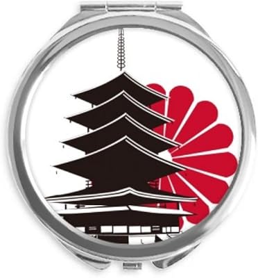 Japanese Chrysanthemum and Temple Hand Compact Mirror Round Portable Pocket Glass