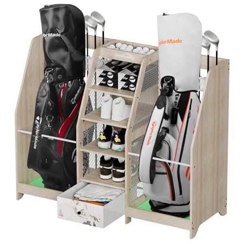 Ponsonbay Golf Bag Storage Organizer for Garage, Premium Wooden 2 Golf Bags Rack with Drawer, Easy Assemble Golf Club Stand/Holder Suitable for Garage Home Simulator and Office