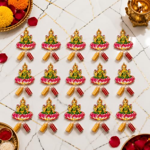 Image of CraftVatika Haldi Kumkum Return Gifts in Bulk Festive Decor, Pasupu Haldi Bottle Maa Lakshami Cutout, Thamboolam Return Gifts for Wedding, Pooja, Navratri Diwali Babyshower Gift for Family (15 Pcs)