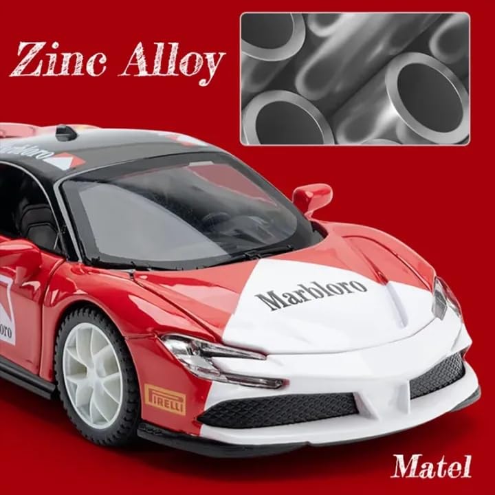 Image of Alokik Enterprise 1:32 Marbloro Ferrari SF90 Sport Die-cast Metal Pull Back Car with 2 Openable Doors with Lights and Sound Toy Decoration, Showpiece Car Best Gift Toys for Kids 【Red】