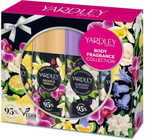 Yardley London Body Spray Collection 4 x 50ml Contemporary Deodorising Body Sprays Mini Mist Gift Set Includes Gardenia & Cassis Orchid & Vanilla Handy Bag Size Body Spray Set for Women