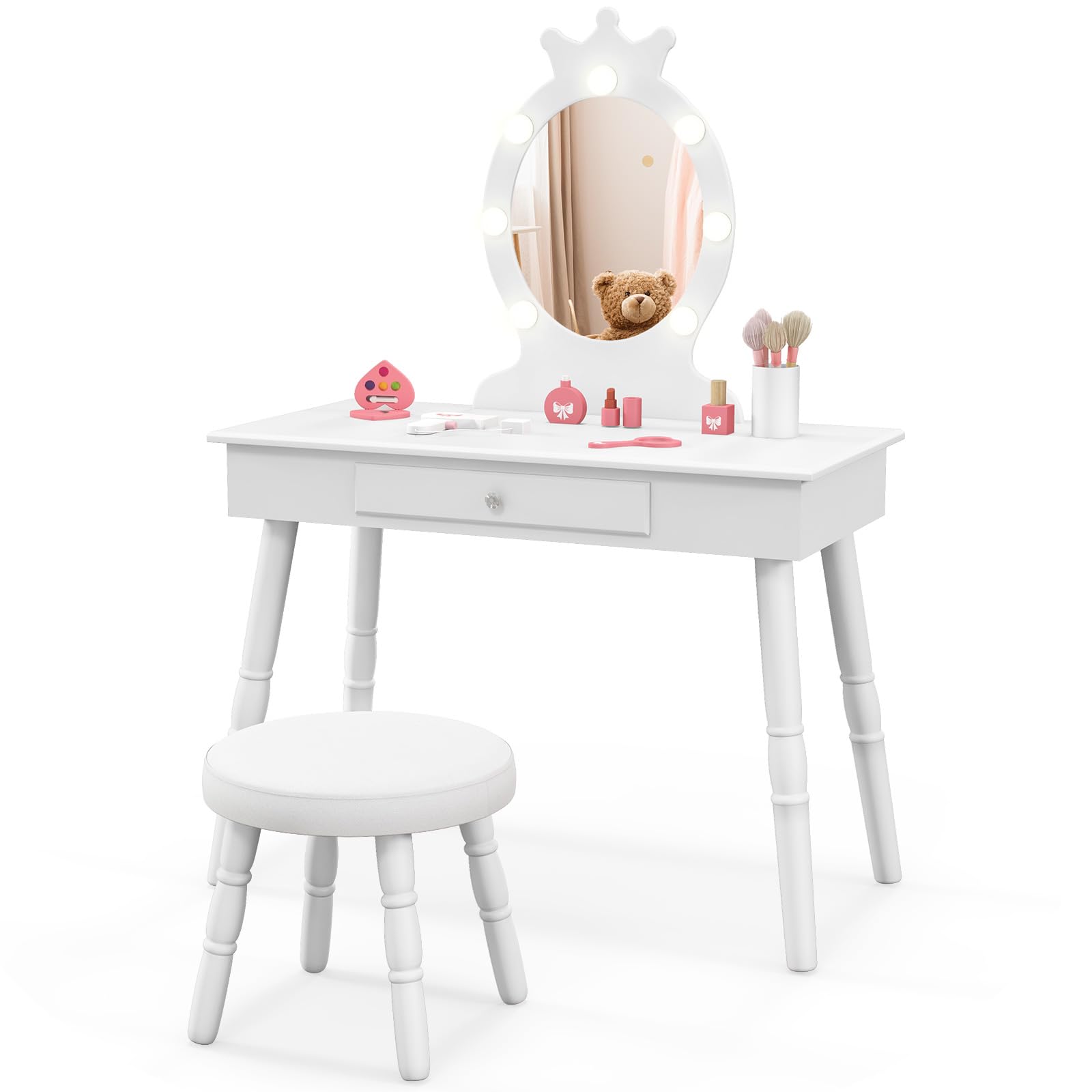 LIFEZEAL Specchiera Trucco Bambina, con 7 LED, 3 Colori di Luci, Postazione Trucco Bambina, con Sgabello Imbottito, Cassetto e Specchio di Corona, Toeletta Trucco per Bimbi 3-7 Anni (bianco)