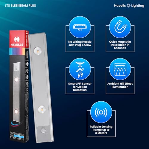 Image of Havells SLEEKBEAM Plus 260MM 1.5W Rechargeable Motion Sensor LED Light for Wardrobe, Closet, Cabinet, Kitchen, Under Stairs, Drawer, Shelf, Garage, Quick Magnetic Self Installation| Type-C Charging