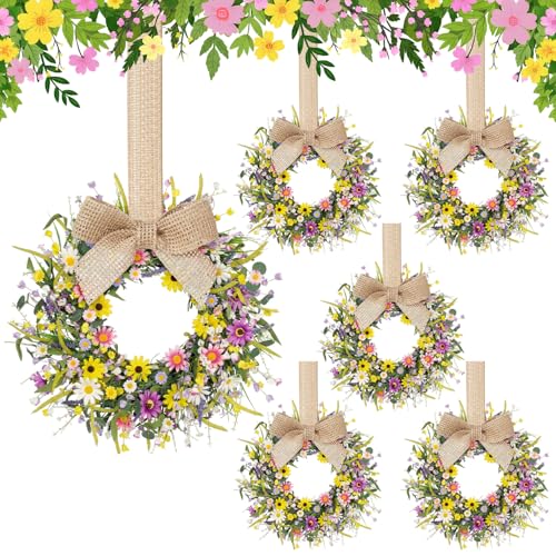 Image of Dingion 6 Pcs 6 inch Mini Spring Cabinet Wreaths Spring and Summer Wildflower Candle Rings Wreaths for Kitchen with Ribbon Small Floral Wreath for Window Door Farmhouse Wedding Decorations