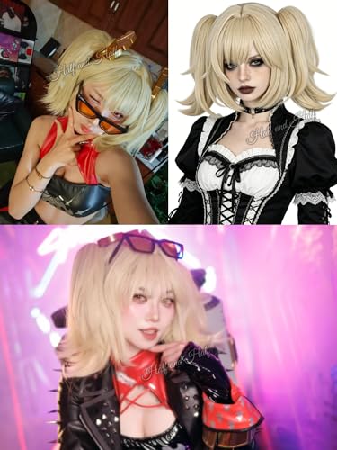 Image of Half and Half Short Blonde Anime Ponytail Cosplay Wig with Bangs Blonde Lolita Costume Twin Tails Wigs Light Golden Pigtail Wig for Women Halloween Party