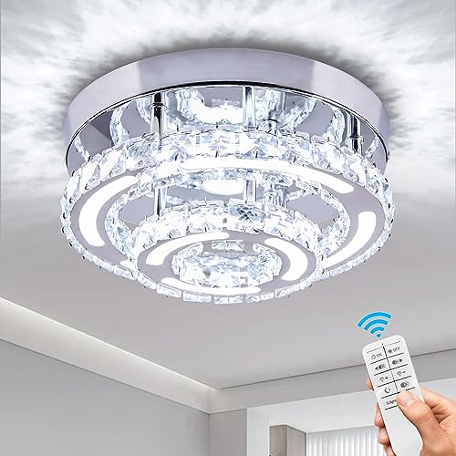 CXGLEAMING Moderne Klein Kronleuchter Kristall Deckenleuchte LED Dimmbar Deckenlampe Rund Unterputz Pendelleuchte Kristall Deckenleuchten für Schlafzimmer Wohnzimmer Küche Flur(Fernbedienung)