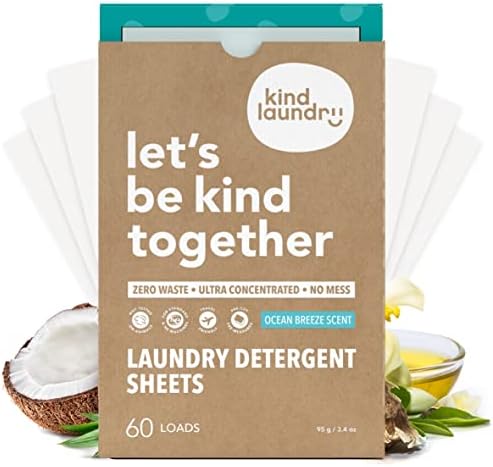 KIND LAUNDRY Detergent Sheets (Ocean Breeze) - Award Winning Eco Friendly Washer Soap Strips, Plant Based Liquidless Formula, Zero Waste, Biodegradable, Great for Travel, Camping (60 loads)