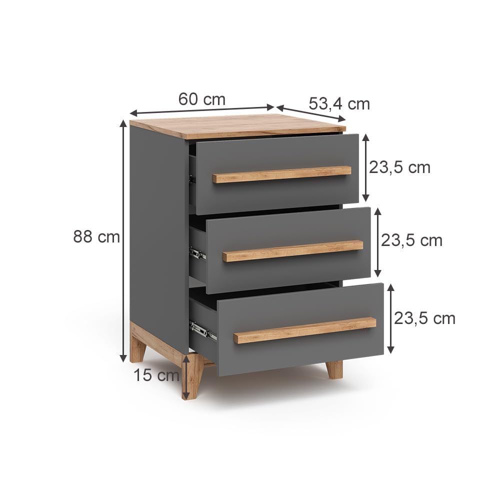 VitaliSpa Aparador Malia, Gris/Artisan, 60 x 88 cm con 3 cajones, Compatible con Otros Muebles de la Serie Malia