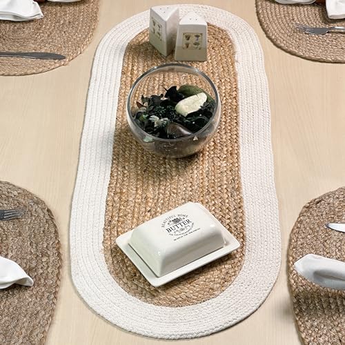 CHARDIN HOME Verona Oval Woven Jute & Cotton Braided Table Runner, Size -13 x 36 Inches, Color - Natural Jute with Ivory Border by Chardin home - Used condition - US$20.68