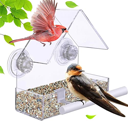Extra-Strong-Suction-Sups-Window-Bird-Feeder-with-Drainage-Holes-Windowsill-Birdfeeders-for-Small-Birds-only-LIANGPIN-Acrylic-Clear-House-Shape-Design