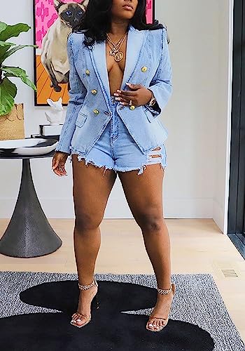 Molsiry Women Casual Denim Jacket Long Sleeve Work Double Breasted Jean Blazer Peplum Coat 20232