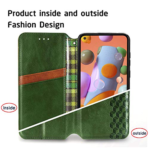 Samsung Galaxy A21 Wallet Phone Case, 3D Embossing Plaid Kickstand Stand Function Pu Leather Flip Case Credit Cards Pocket Shockproof Magnetic Closure Cover For Samsung Galaxy A21 Dx Green #TOP4