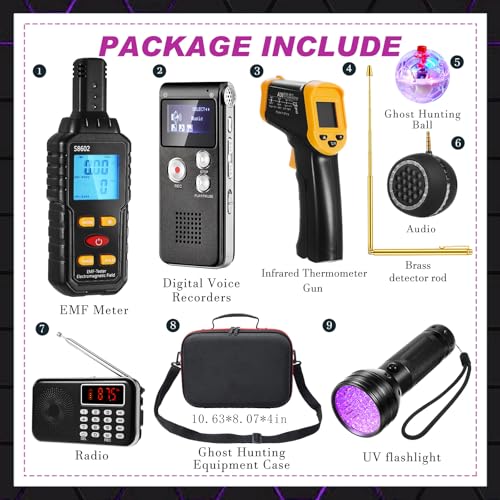 Image of Dunzy 11 Pcs Ghost Hunting Equipment Kit Include Ghost Radio, Electromagnetic Paranormal Radiation Detector, EVP Recorder, UV Flashlight 2 LED Light up Cat Balls Etc(3 in 1 Emf Meter)