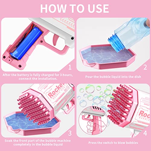 Upgraded Bubble Gun, Bubble Machine With Lights And Bubble Solution, 69 Holes Bubble Machine Gun, Bubble Blaster For Kids Adults Birthday Wedding Party - Pink Bubble Blower #TOP4