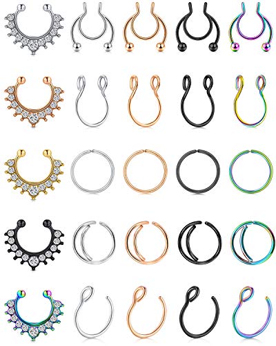 MODRSA Fake Septum Faux Septum Ring Fakes Nose Rings Hoop Stainless Steel Non Piercing Clip on Lip Ear Nose Face Septum Jewelry Moon Nose Rings Hoops 8mm 10mm