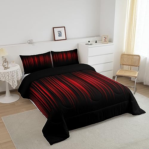 Image of Feelyou Red and Black Ombre Bedding Set Queen, Geometric Abstract Ombre Comforter Red and Black Striped Comforter Set for Kids Boys Girls Stripes Duvet Set Microfiber Quilt Set