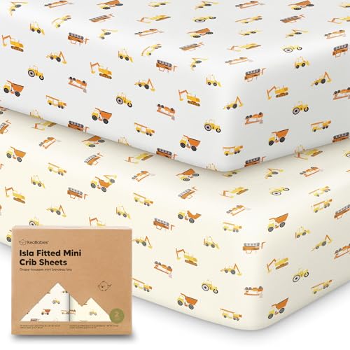 Image of Pack and Play Sheets Fitted - 2-Pack Mini Crib Sheets for Pack N Play Mattress 38x26, Soft & Cozy, Neutral Toddler Playard Bedding, Snug Fitted Mini Baby Crib Mattress Cover Boy, Girl (Construction)