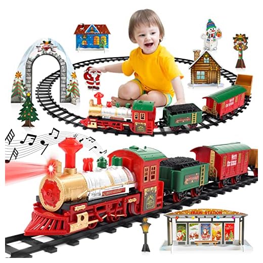 deAO Tren Clásico Infantil con Luces y Sonidos Conjunto Navideño de Vías, Locomotora y 3 Vagones Tren de Juguete Electrónico Decoración de Navidad