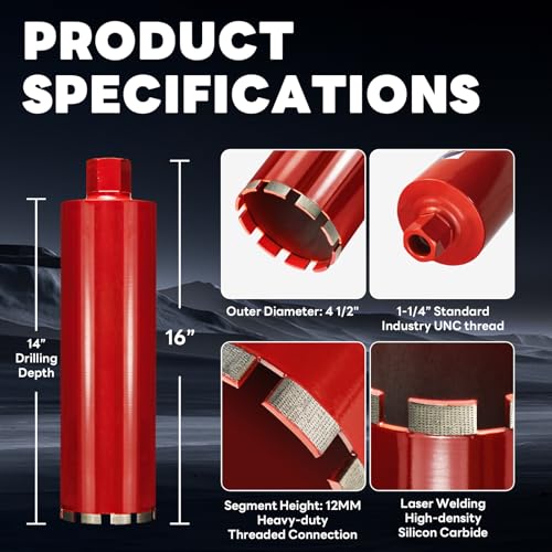 Image of Premium 4 1 /2 inch Wet Core Drill Bit for Hard Concrete with High-Density Diamond, Precision-Welded Segments, 1-1 /4 inch-7 UNC x 14 inch Depth, Industrial Grade for Concrete Rebar, Brick, Masonry, Asphalt