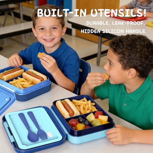 Image of Kids Bento Lunch Box for Boys & Girls - 4-Compartment Leak-Proof Lunch Container with Hidden Silicone Handle, Lightweight, BPA-Free, 855ml for School & Travel (Astronaut)