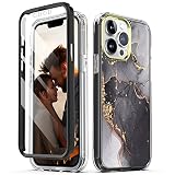 SKYLMW iPhone 13 Pro Max Case 6.7" 2021 with Built-in Screen Protector, Gold Glitter Marble Pattern