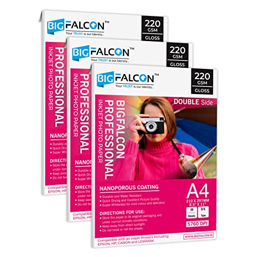 Image of BIGFALCON Professional A4 (8.5x11 inch) 220 GSM Double Sided Glossy Inkjet Photo Paper Premium Dual Sided Printing for Stunning Photos (Pack of 3-60 Sheets)