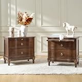 HULALA HOME Solid Wood Storage End Tables with Hidden Pull-Out Shelf, Transitional 2 Drawer Side Tables with Charging Station, Large SideTables with USB Ports, Easy Assembly(Set of 2, Walnut)