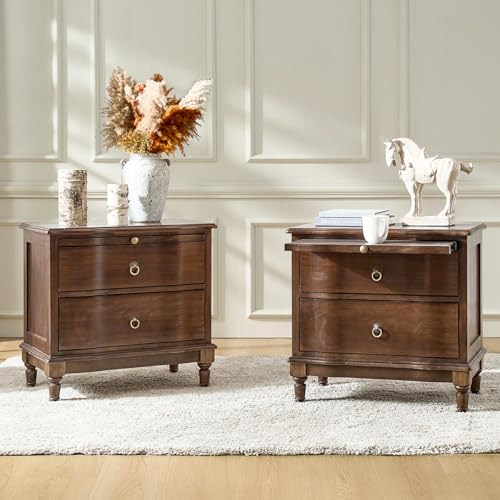 HULALA HOME Solid Wood Storage End Tables with Hidden Pull-Out Shelf, Transitional 2 Drawer Side Tables with Charging Station, Large SideTables with USB Ports, Easy Assembly(Set of 2, Walnut)
