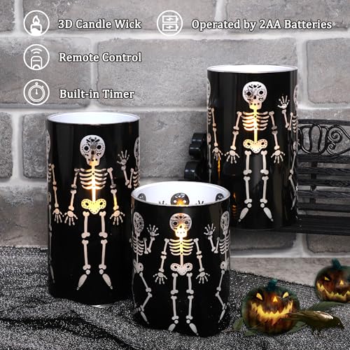 Image of Glass Flameless Candles Black Funny Skeleton Party Decor Battery Operated with Remote Gothic Spooky LED Pillar Candle for Halloween Decorations Haunted House Favors Classrooms, Set of 3